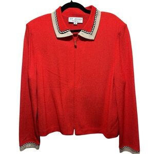 St. John Vibrant Red Santana Cardigan with Tan Accents Size 14